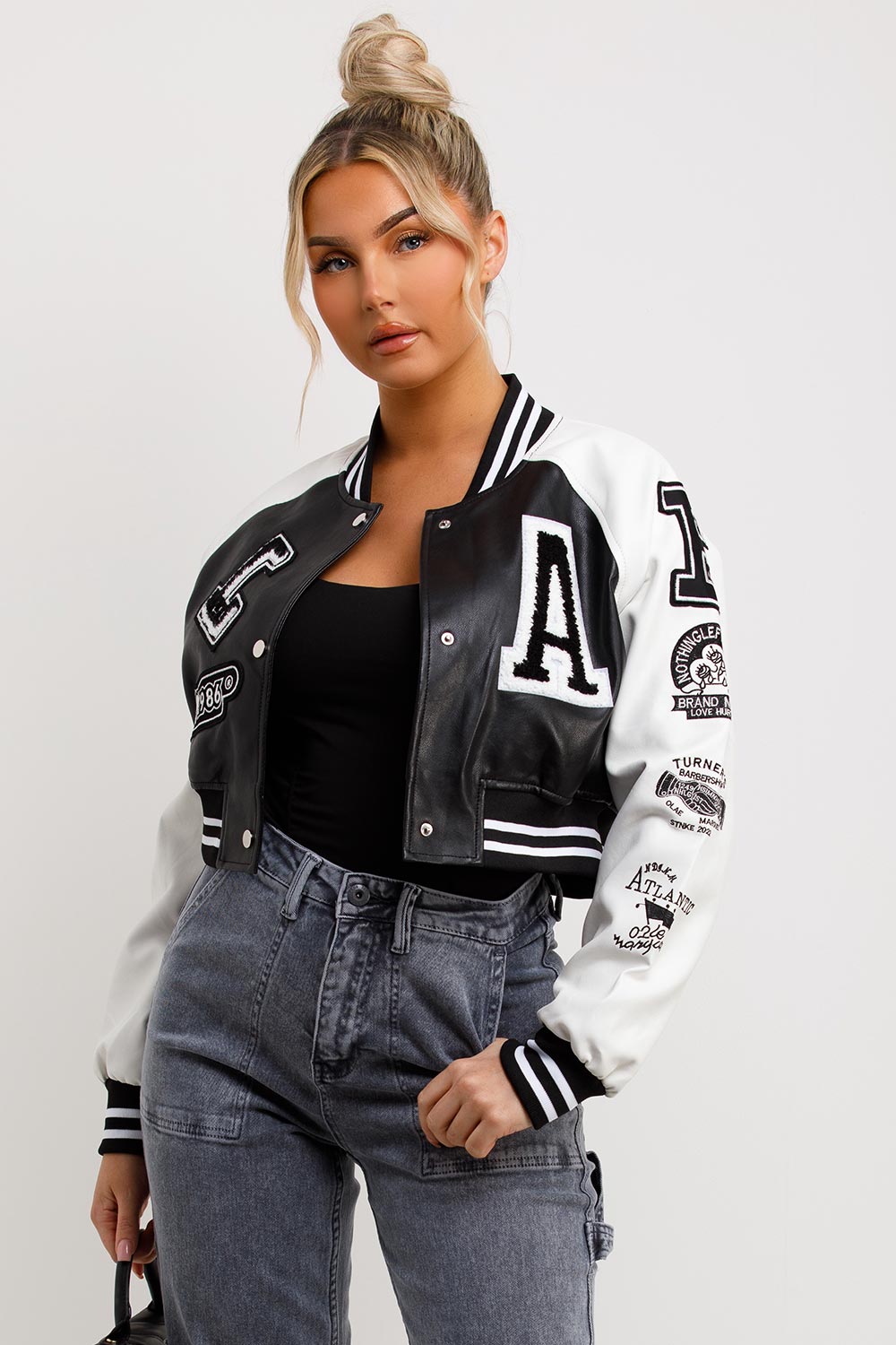 Varsity Bomber Faux Leather Jacket With Letter Detail Black White