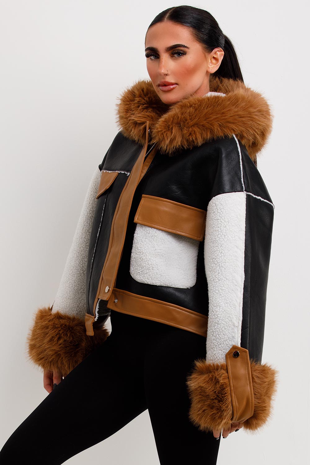 Shearling Faux Leather Jacket With Faux Fur Hood Black