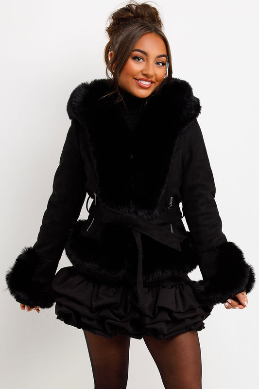 Faux Fur Faux Suede Jacket With Belt Black