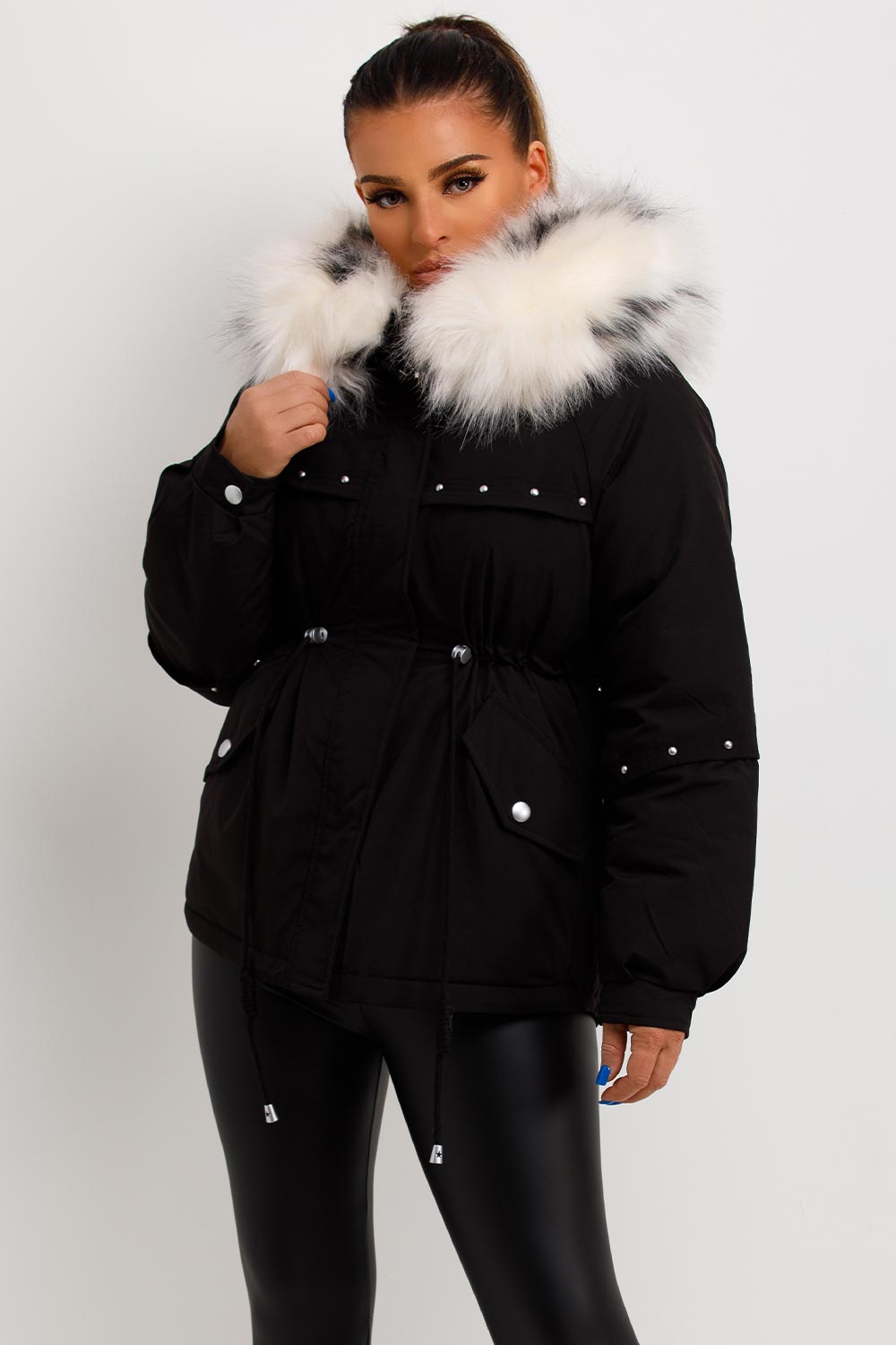 Black Coat With Faux Fur Hood And Drawstring Waist