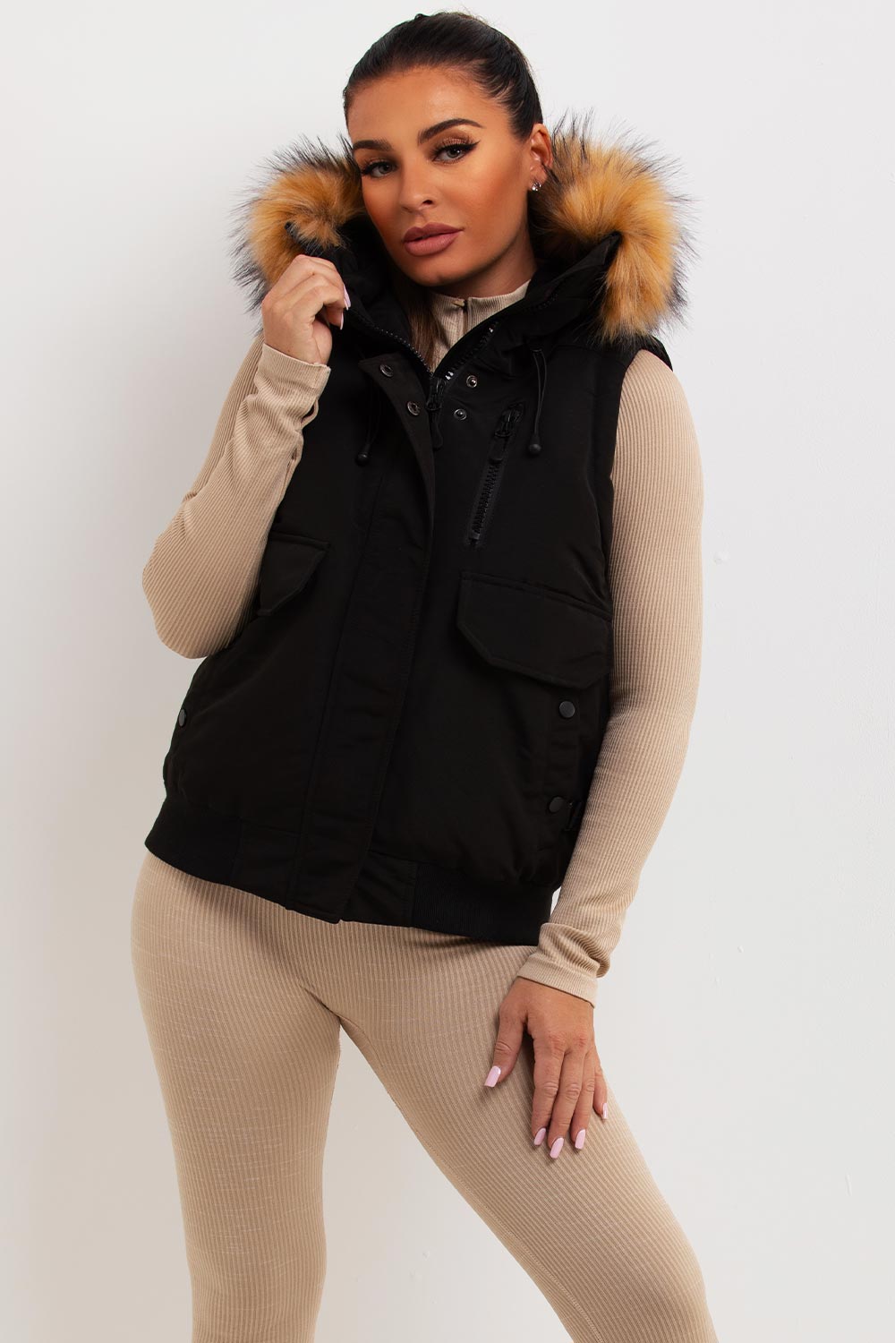 Black Gilet With Fur Hood