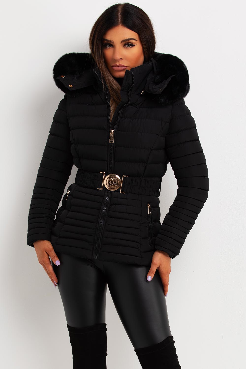 Black Puffer Jacket With Faux Fur Hood And Gold Belt