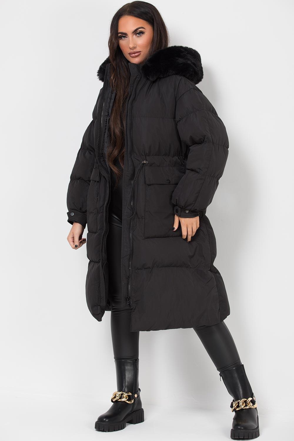 Long Black Puffer Coat With Faux Fur Hood And Drawstring Waist