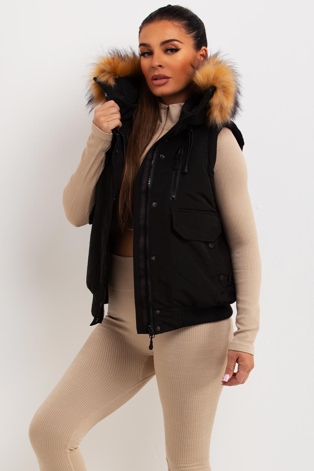 Black Gilet With Fur Hood