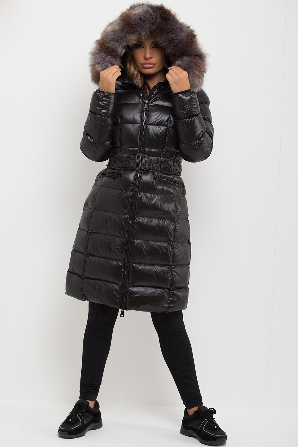 Black Long Puffer Padded Jacket With Faux Fur Hood & Belt