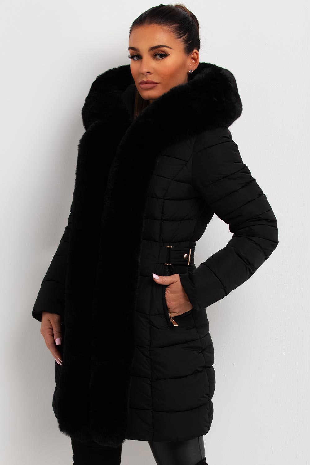 Puffer Padded Coat With Faux Fur Hood Black