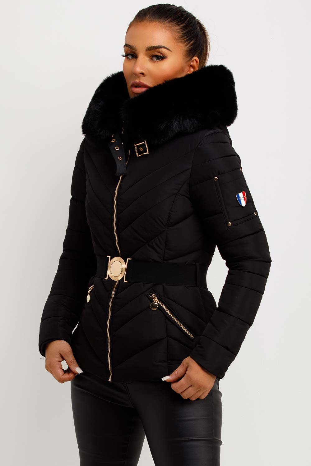 Puffer Jacket With Fur Hood And Belt Black