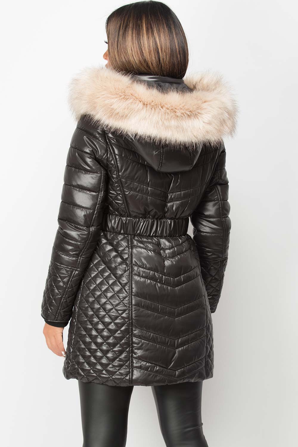 Big Faux Fur Hooded Padded Coat With Belt Black