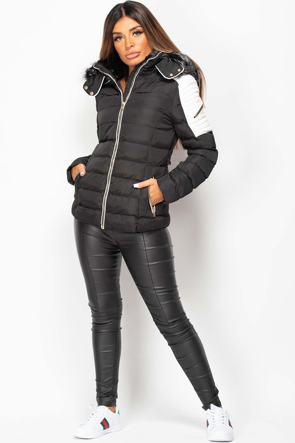 Puffer Coat With Faux Fur Hood Black And White