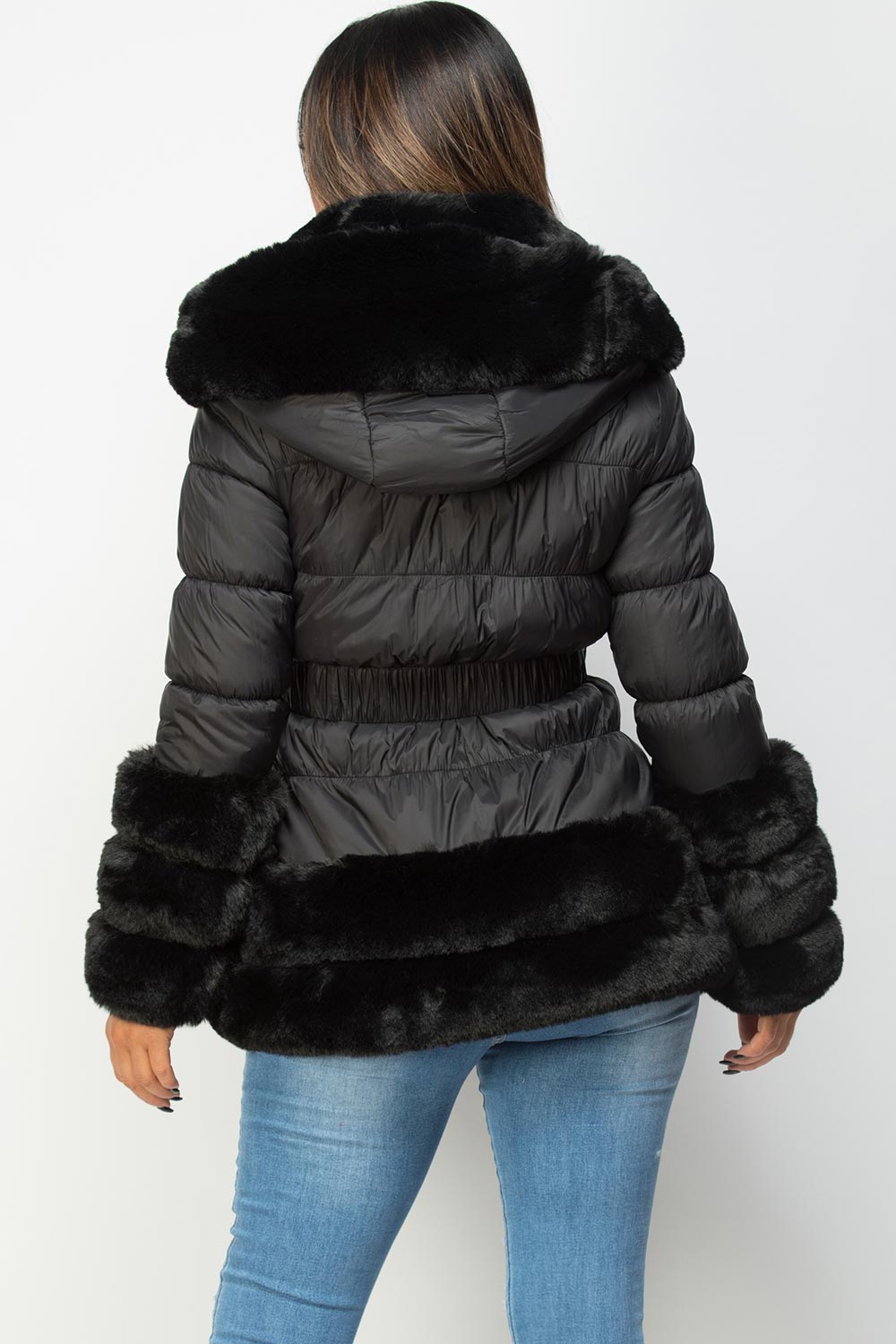 Faux Fur Trim Puffer Hooded Down Jacket With Belt