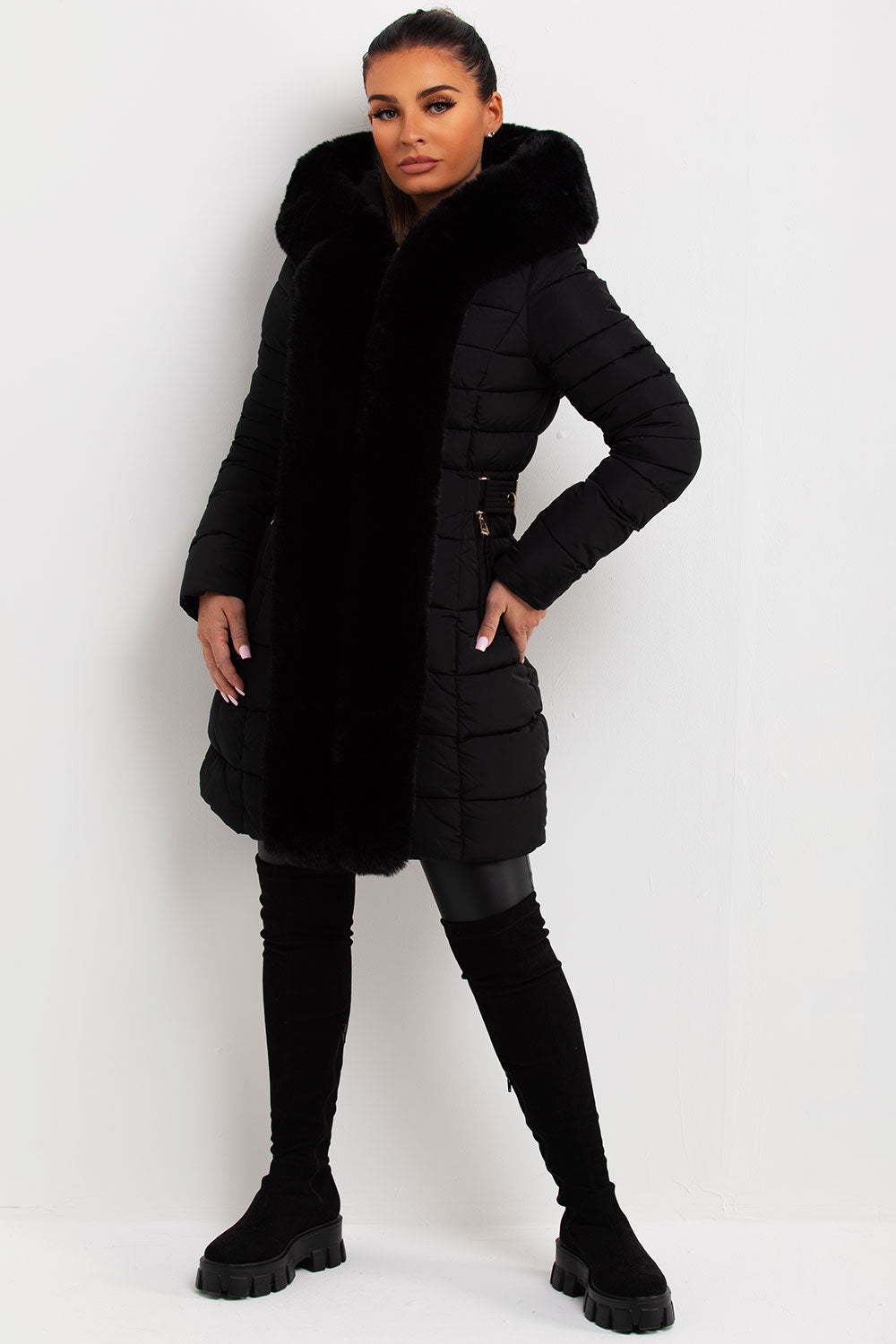 Puffer Padded Coat With Faux Fur Hood Black