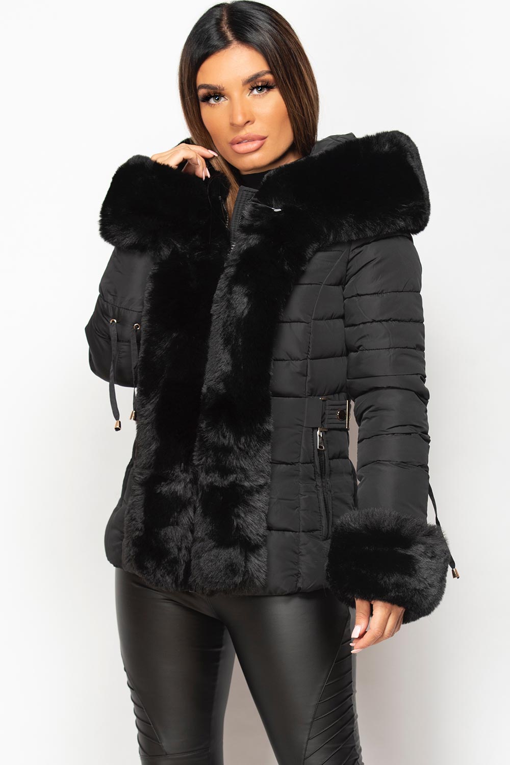 Black Puffer Coat With Faux Fur Hood And Cuff