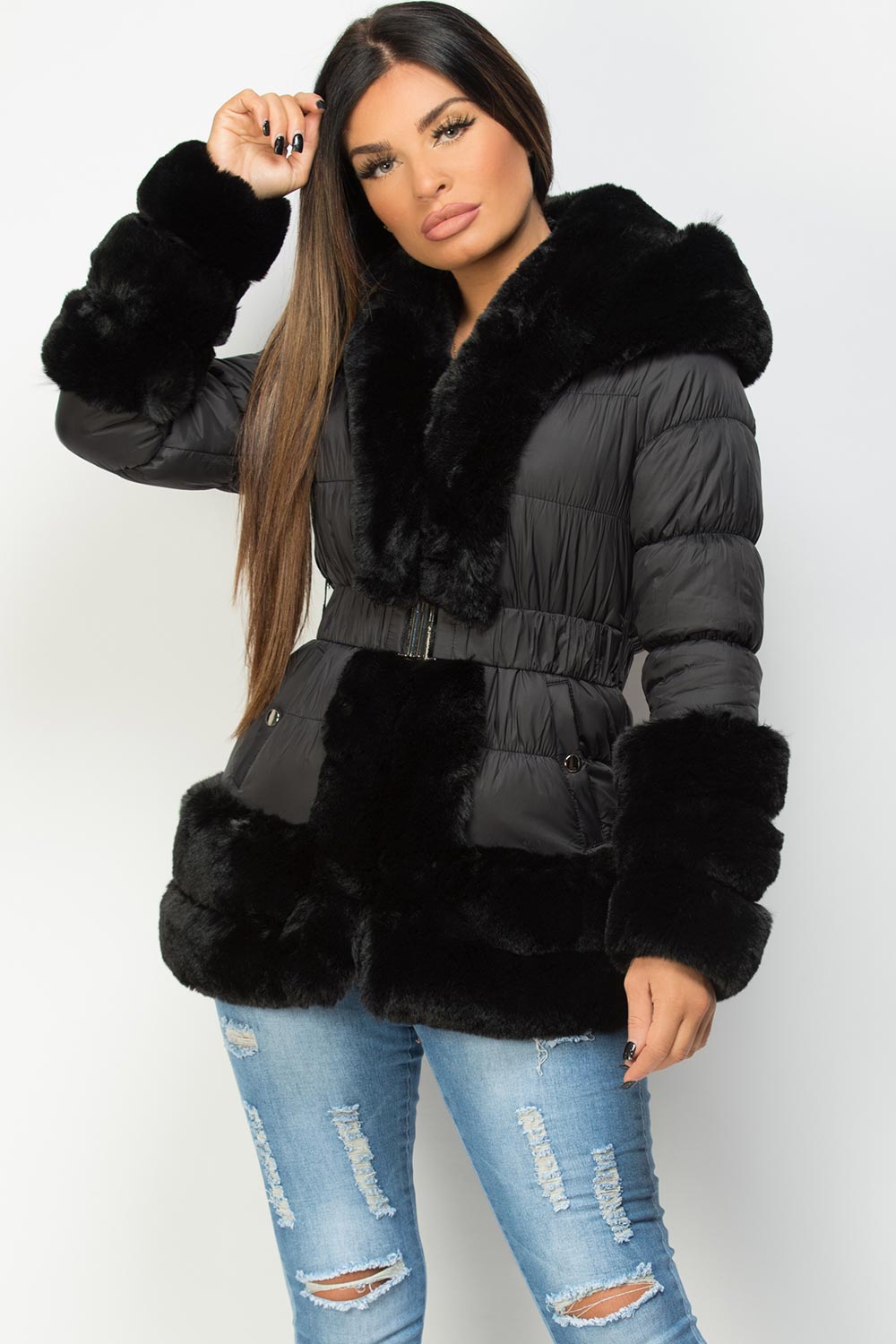 Faux Fur Trim Puffer Hooded Down Jacket With Belt