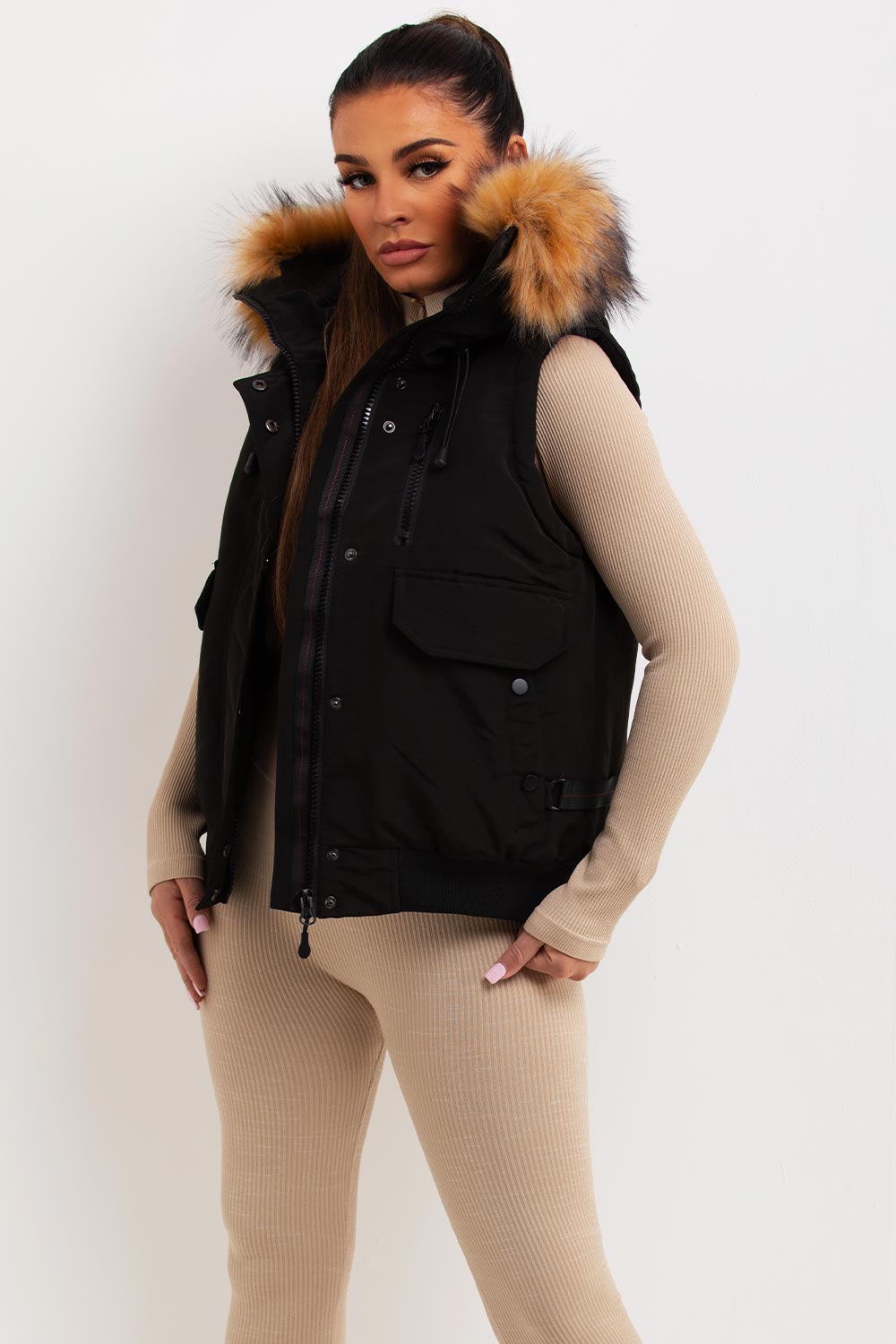 Black Gilet With Fur Hood