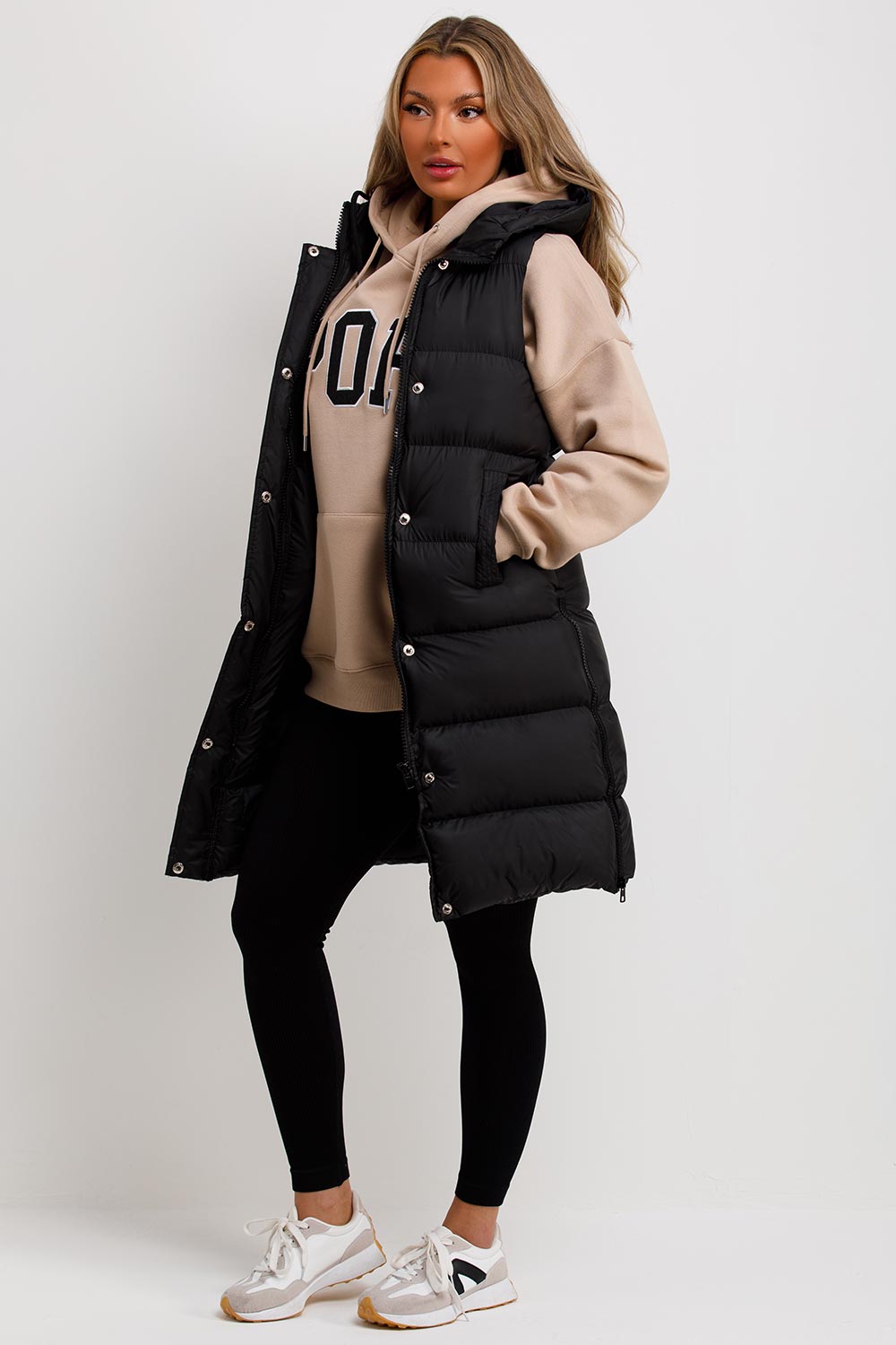 Black Padded Longline Hooded Gilet