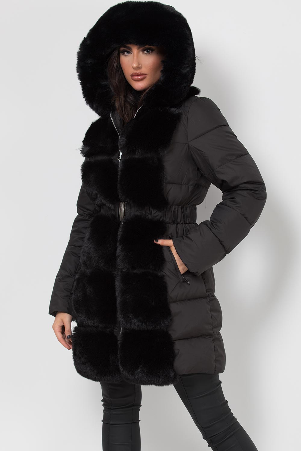 Long Puffer Coat With Faux Fur Hood And Trim Black