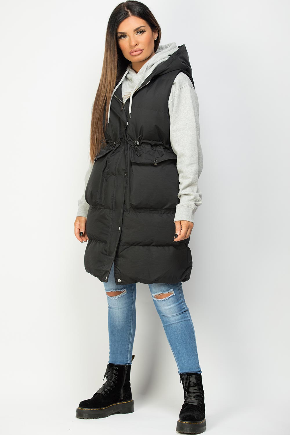 Black Padded Gilet With Drawstring Waist Longline