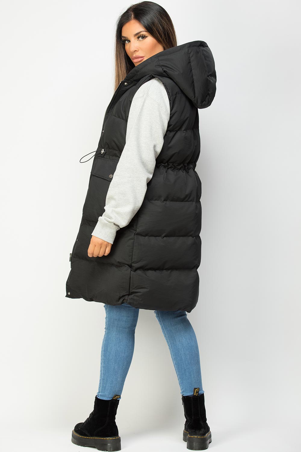 Black Padded Gilet With Drawstring Waist Longline