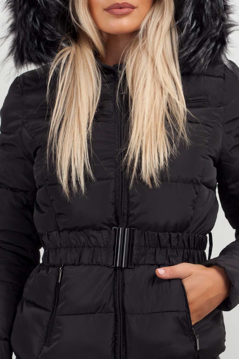 Faux Fur Hooded Jacket With Belt