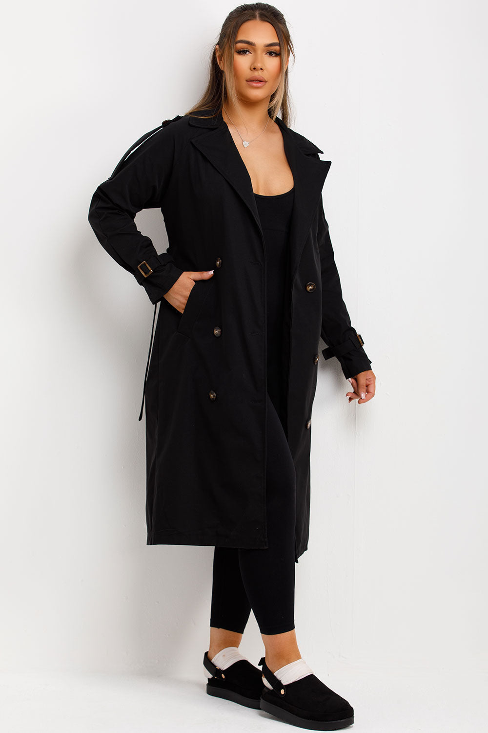 Trench Coat With Waist Belt Black