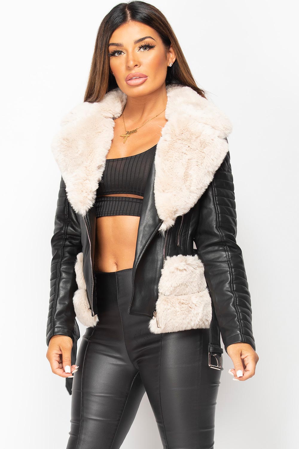 Beige Faux Fur Faux Leather Belted Jacket