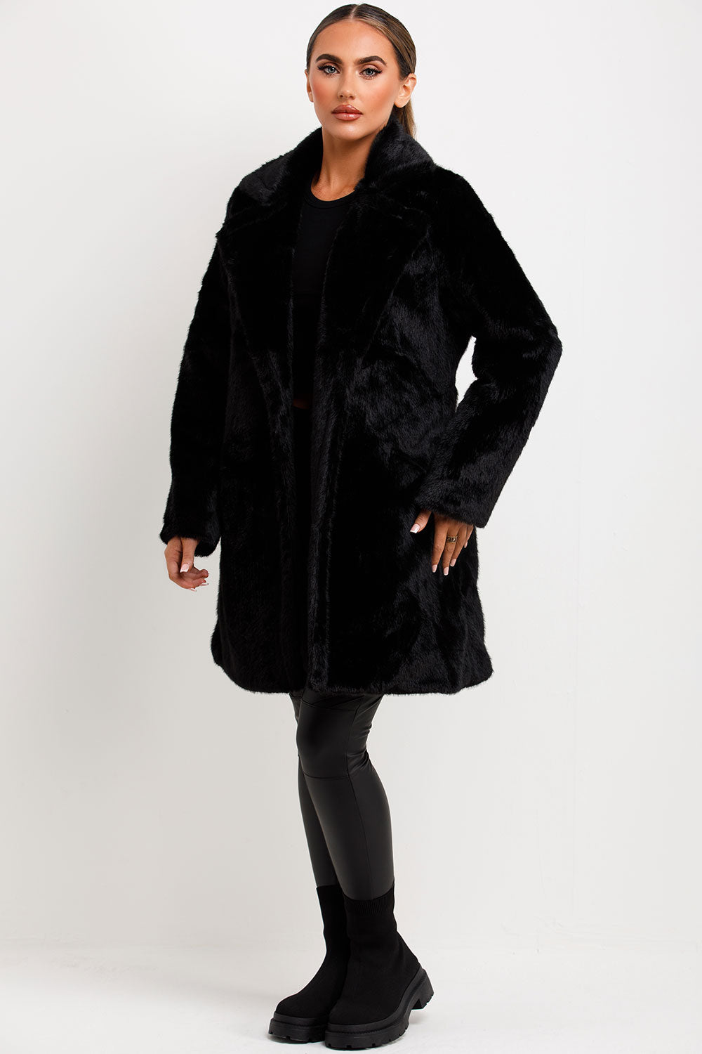 Black Faux Fur Coat With Lapel Collar