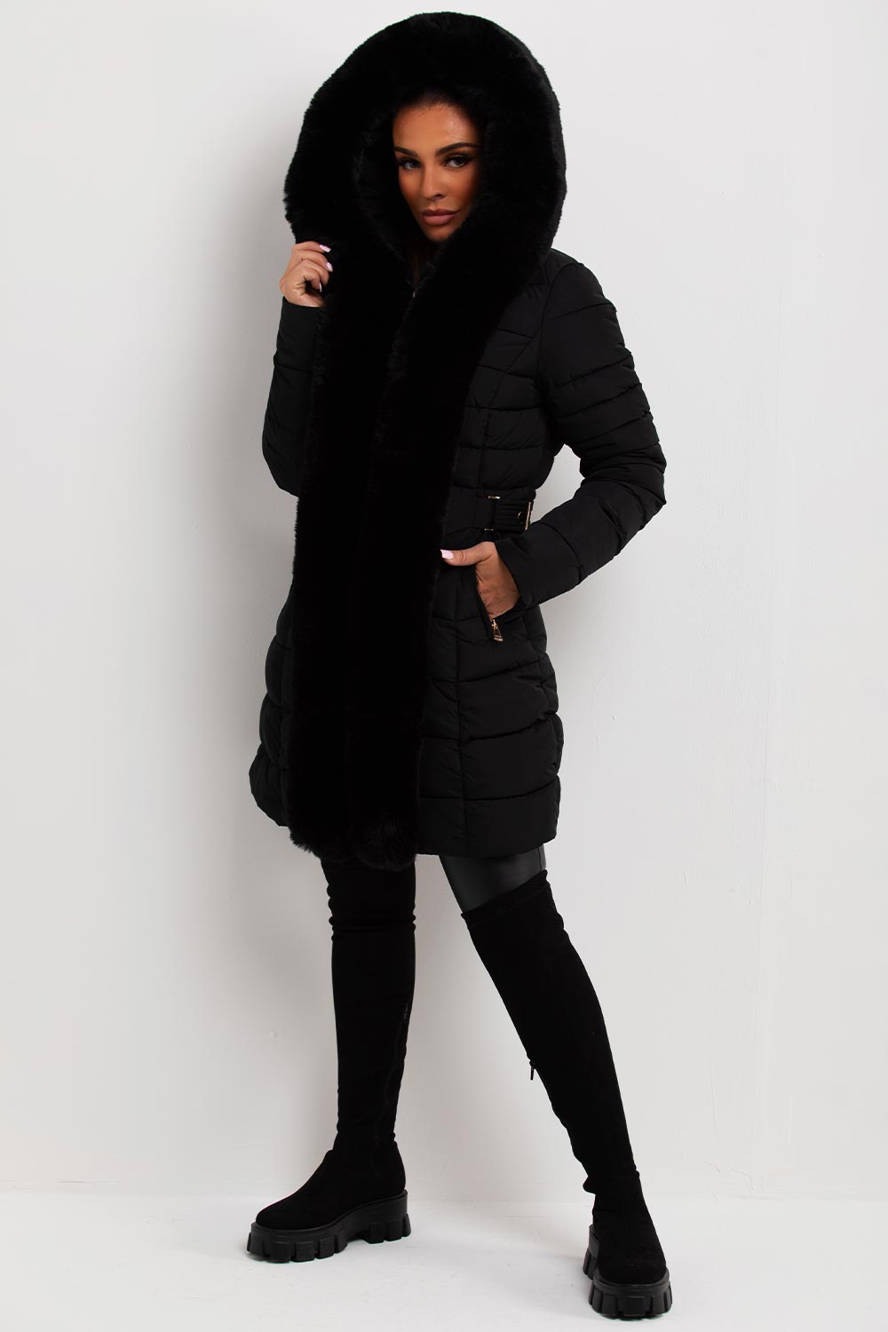 Puffer Padded Coat With Faux Fur Hood Black