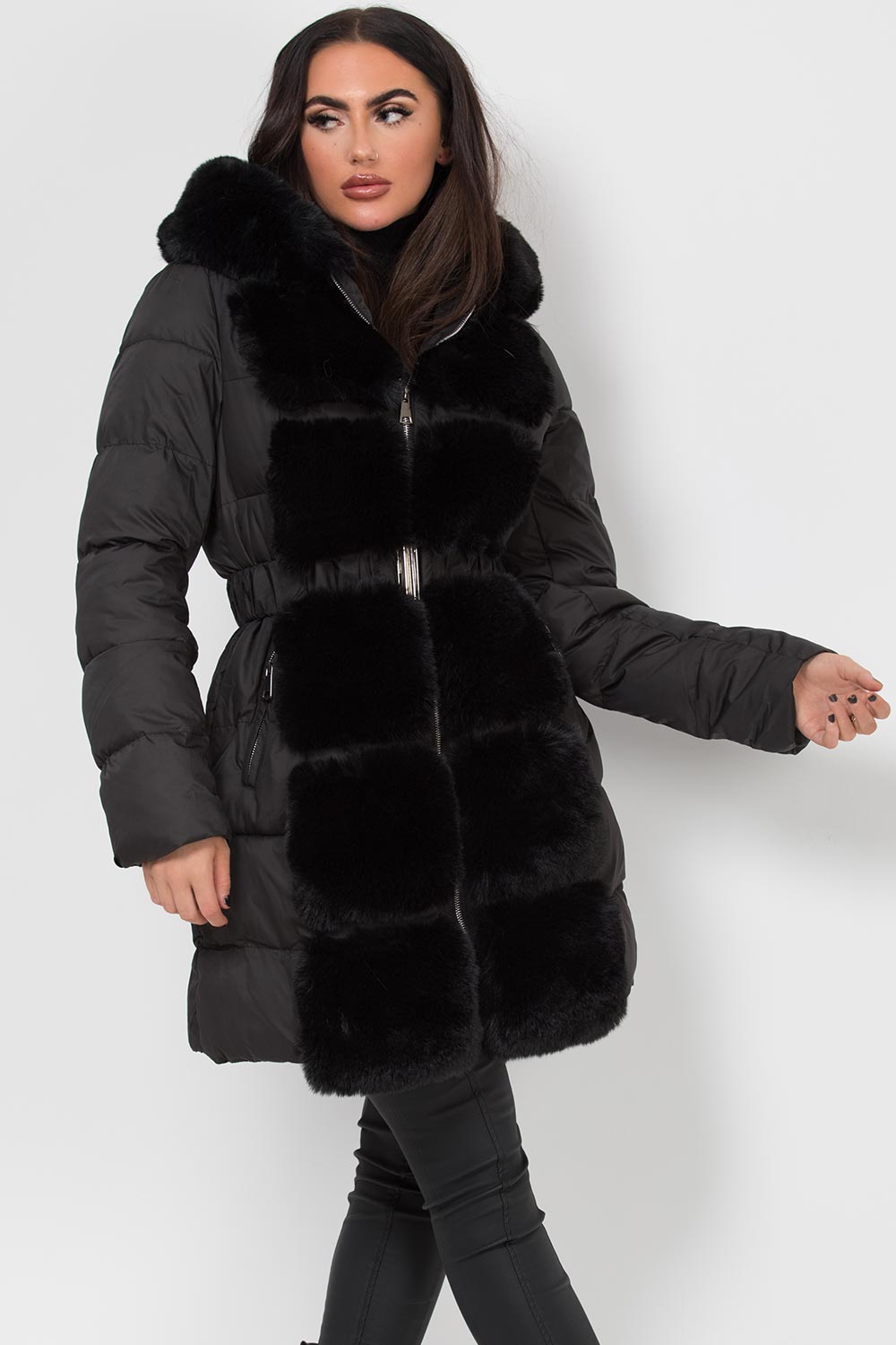 Long Puffer Coat With Faux Fur Hood And Trim Black