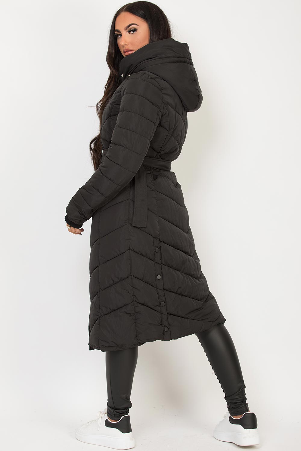 Long Padded Puffer Coat With Belt Black