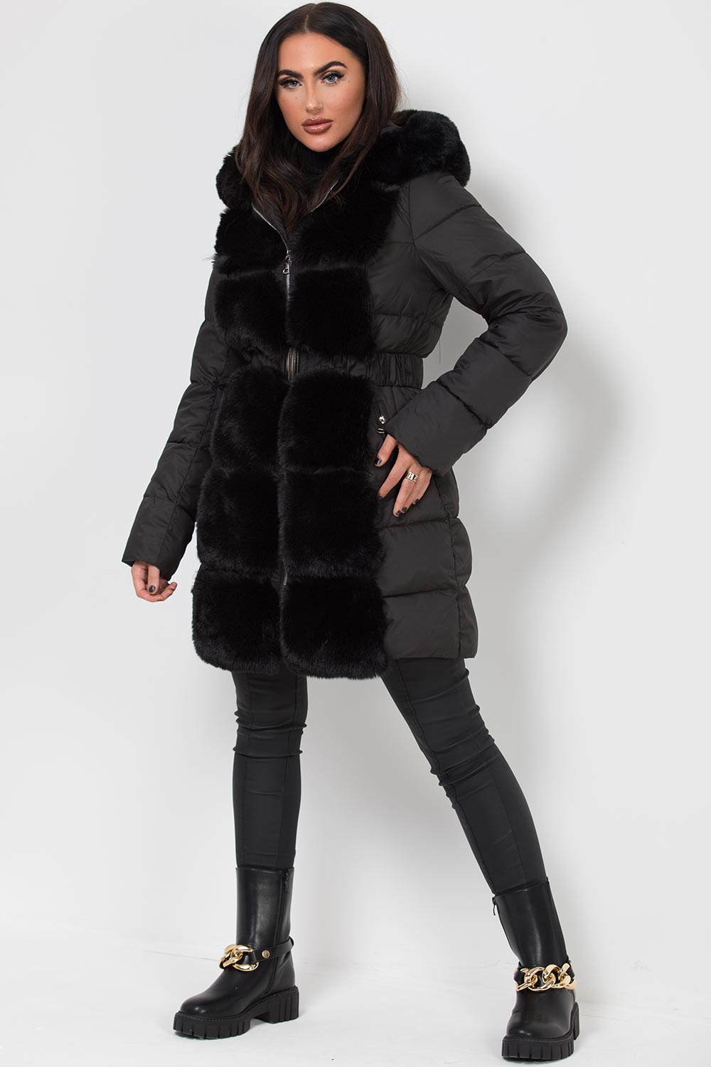 Long Puffer Coat With Faux Fur Hood And Trim Black