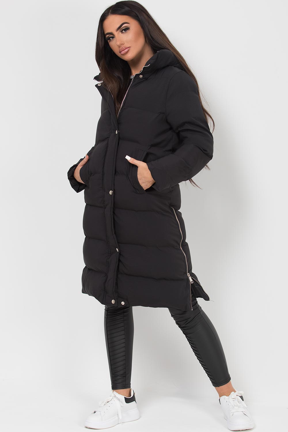 Long Puffer Coat With Side Zip Black