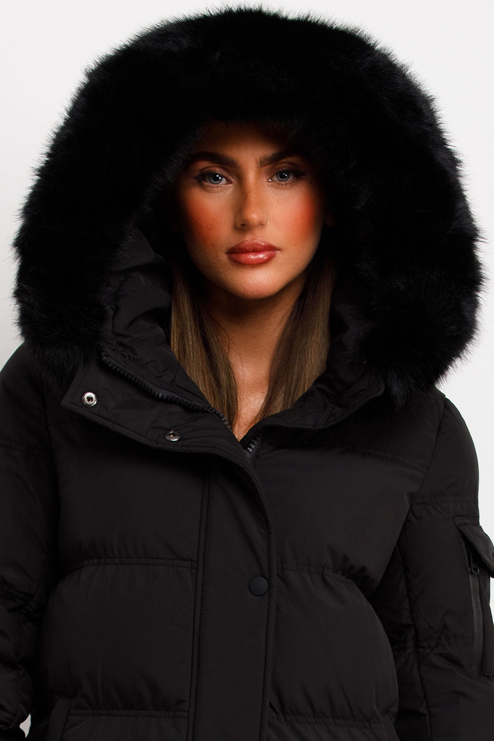 Long Puffer Coat With Fur Hood Black