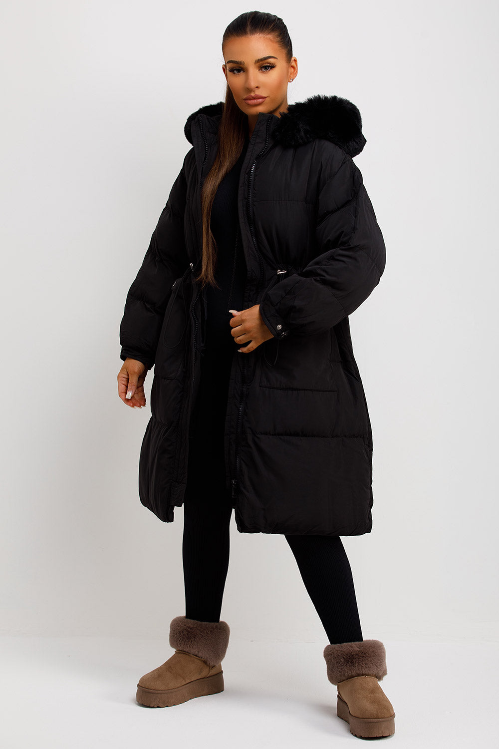 Long Black Puffer Coat With Faux Fur Hood And Drawstring Waist