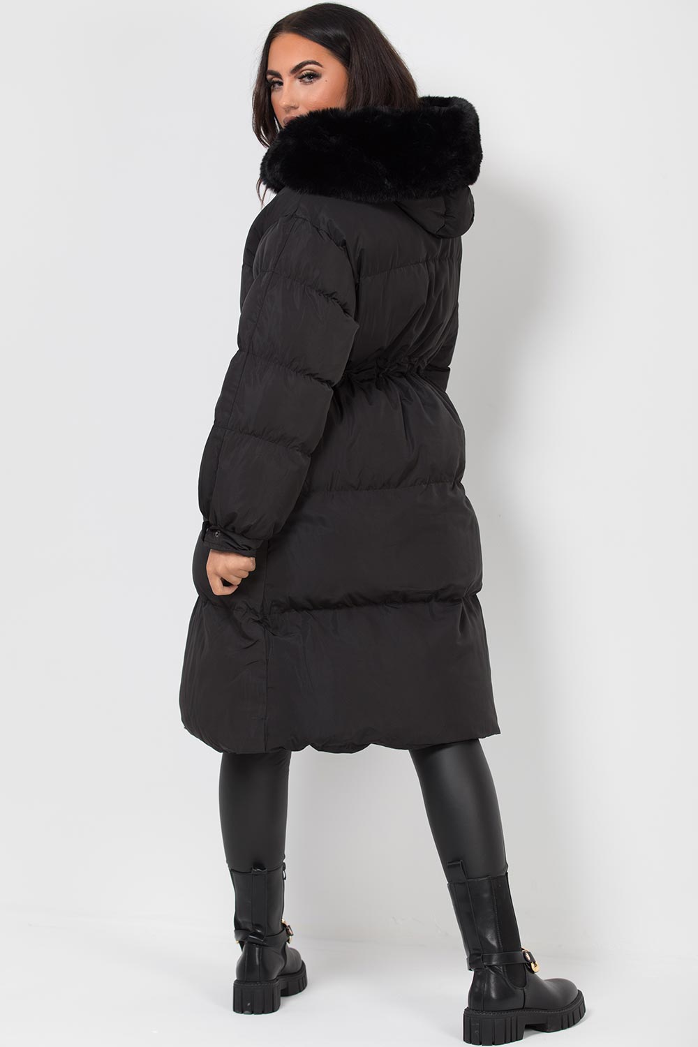 Long Black Puffer Coat With Faux Fur Hood And Drawstring Waist