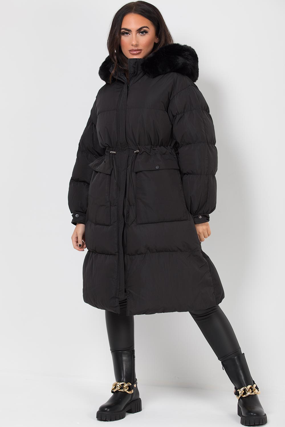 Long Black Puffer Coat With Faux Fur Hood And Drawstring Waist