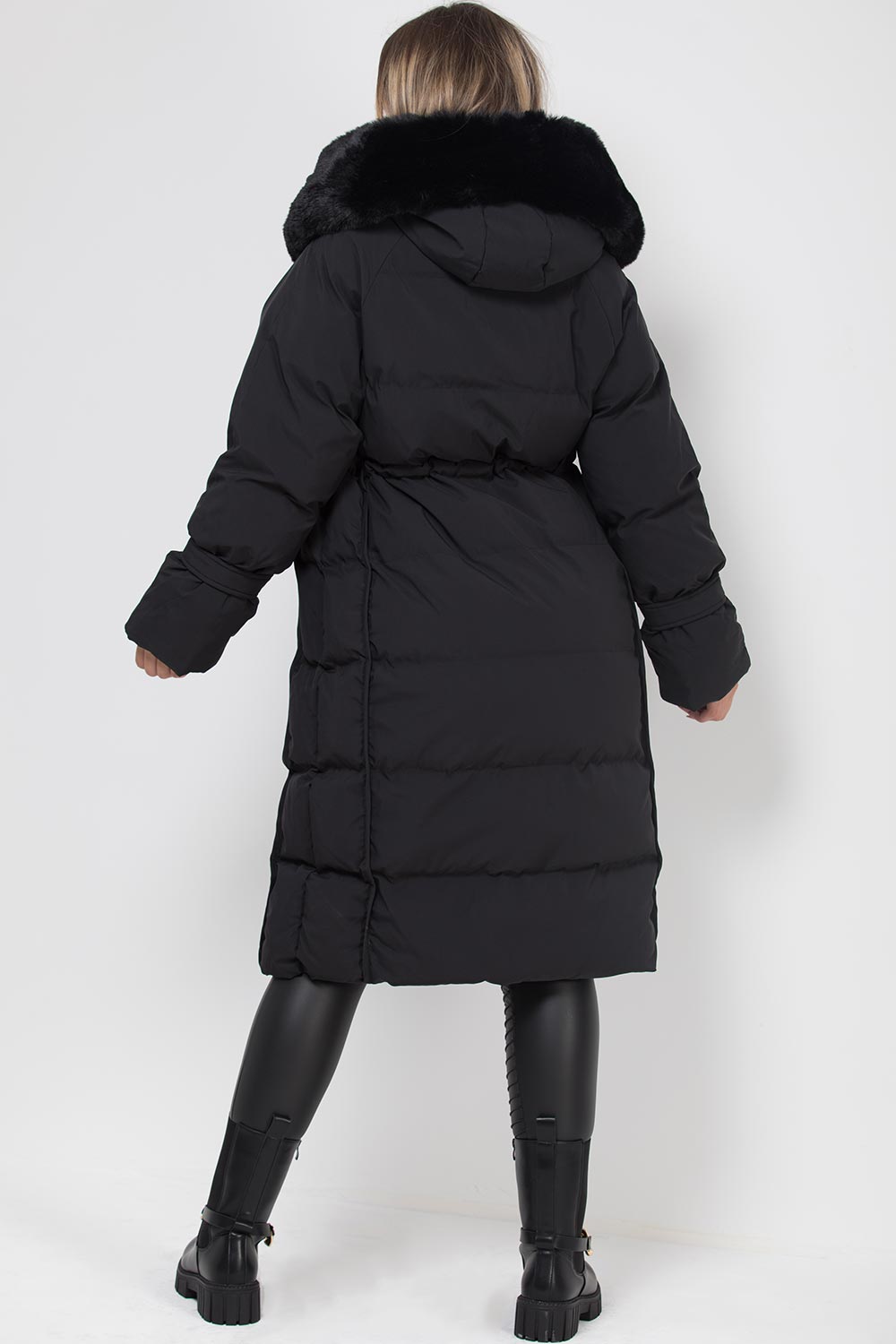 Long Puffer Down Coat With Faux Fur Hood Black