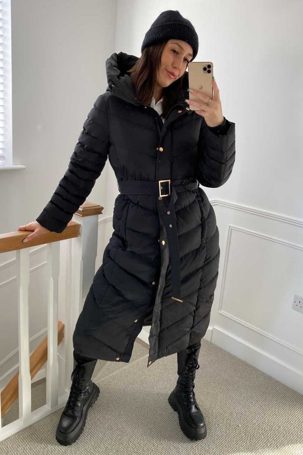 Long Puffer Down Coat With Belt Black