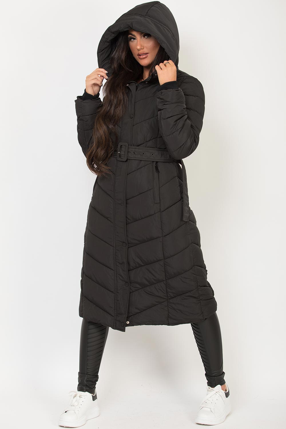 Long Padded Puffer Coat With Belt Black