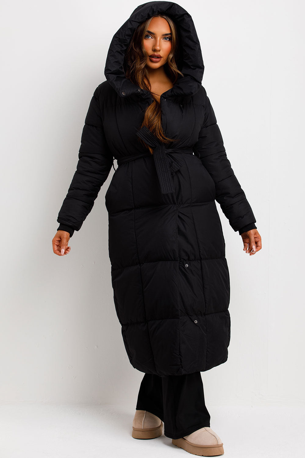 Long Puffer Coat With Hood And Belt Black