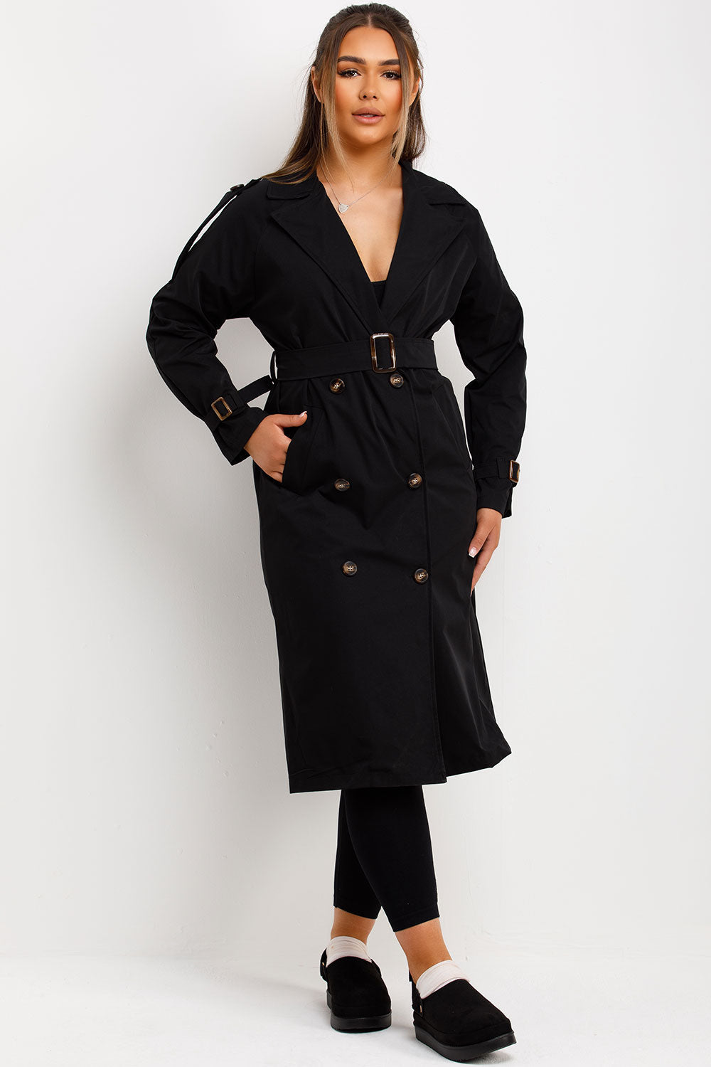 Trench Coat With Waist Belt Black