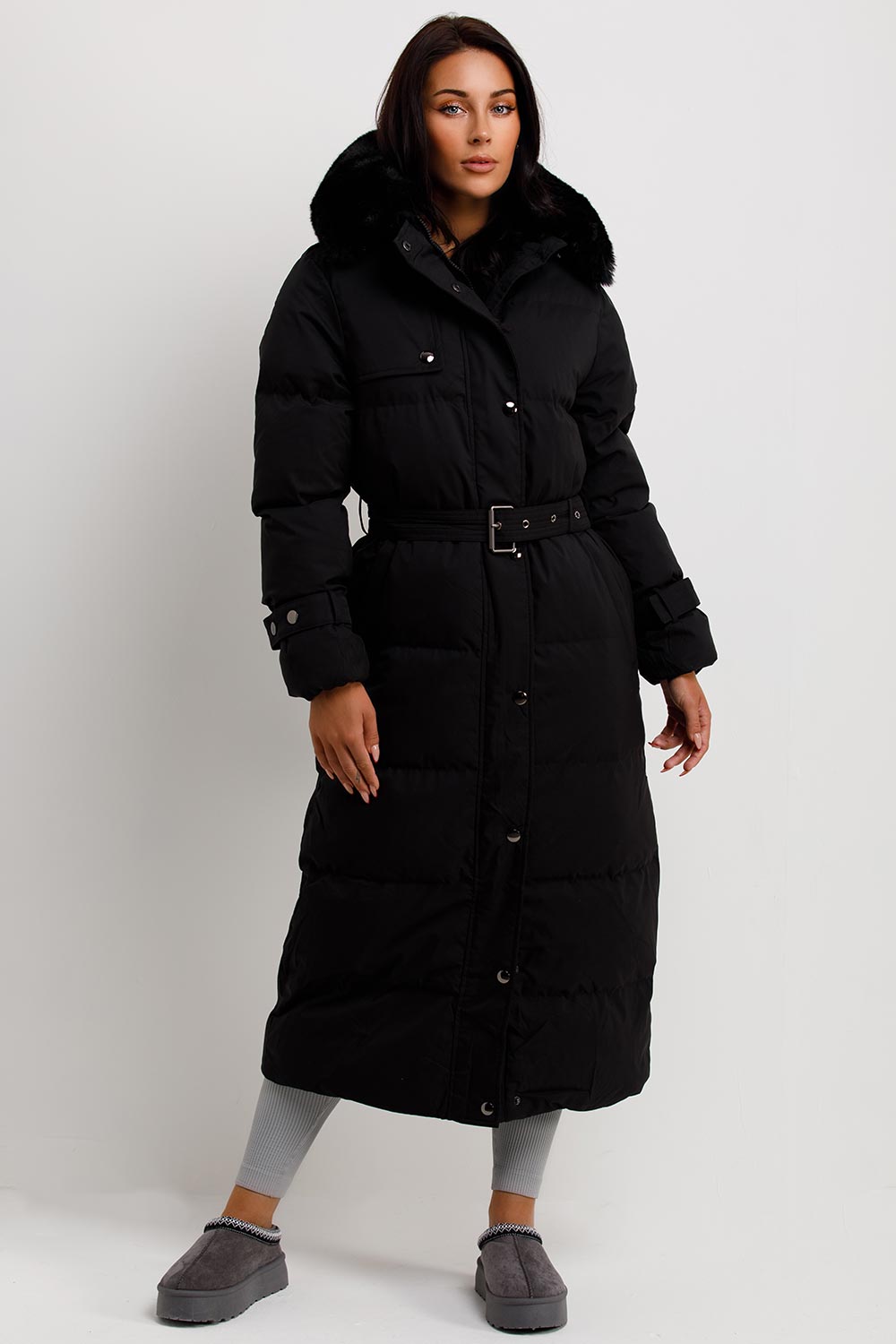 Long Puffer Trench Coat With Belt And Faux Fur Hood Black