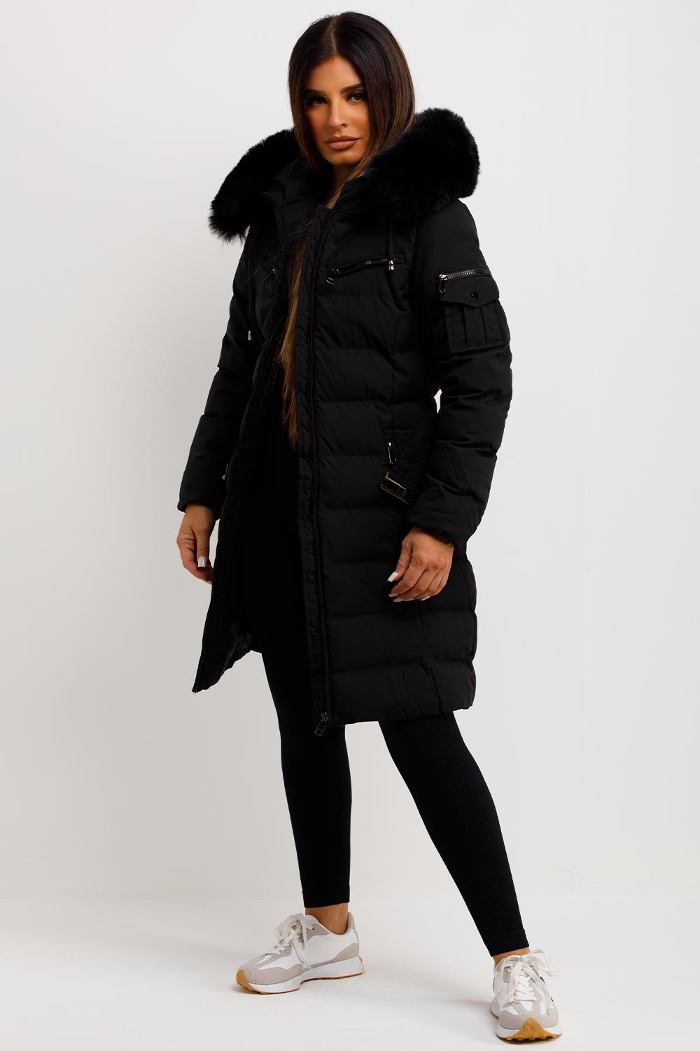 Long Puffer Coat With Fur Hood And Belt Black