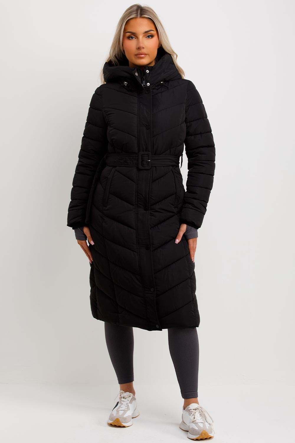 Long Padded Puffer Coat With Belt Black