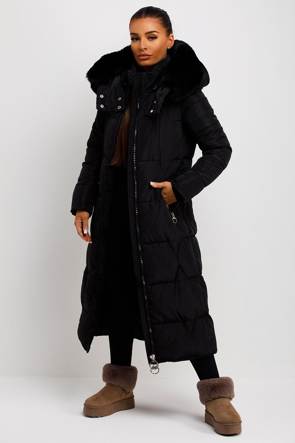 Long Puffer Padded Coat With Faux Fur Hood Black