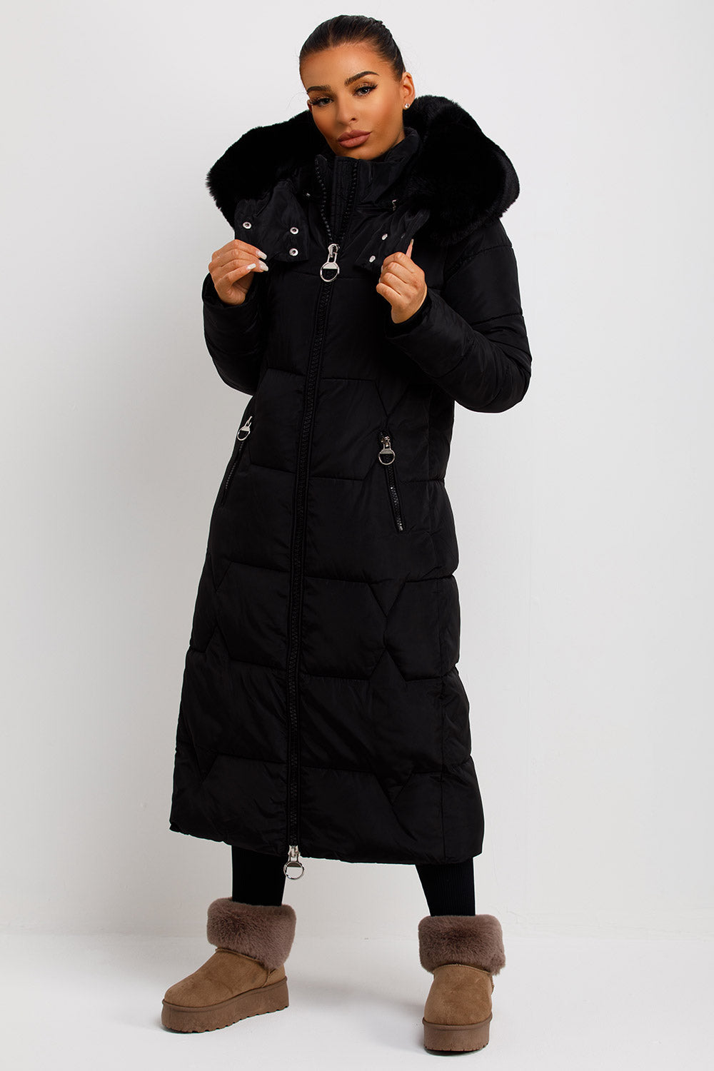 Long Puffer Padded Coat With Faux Fur Hood Black