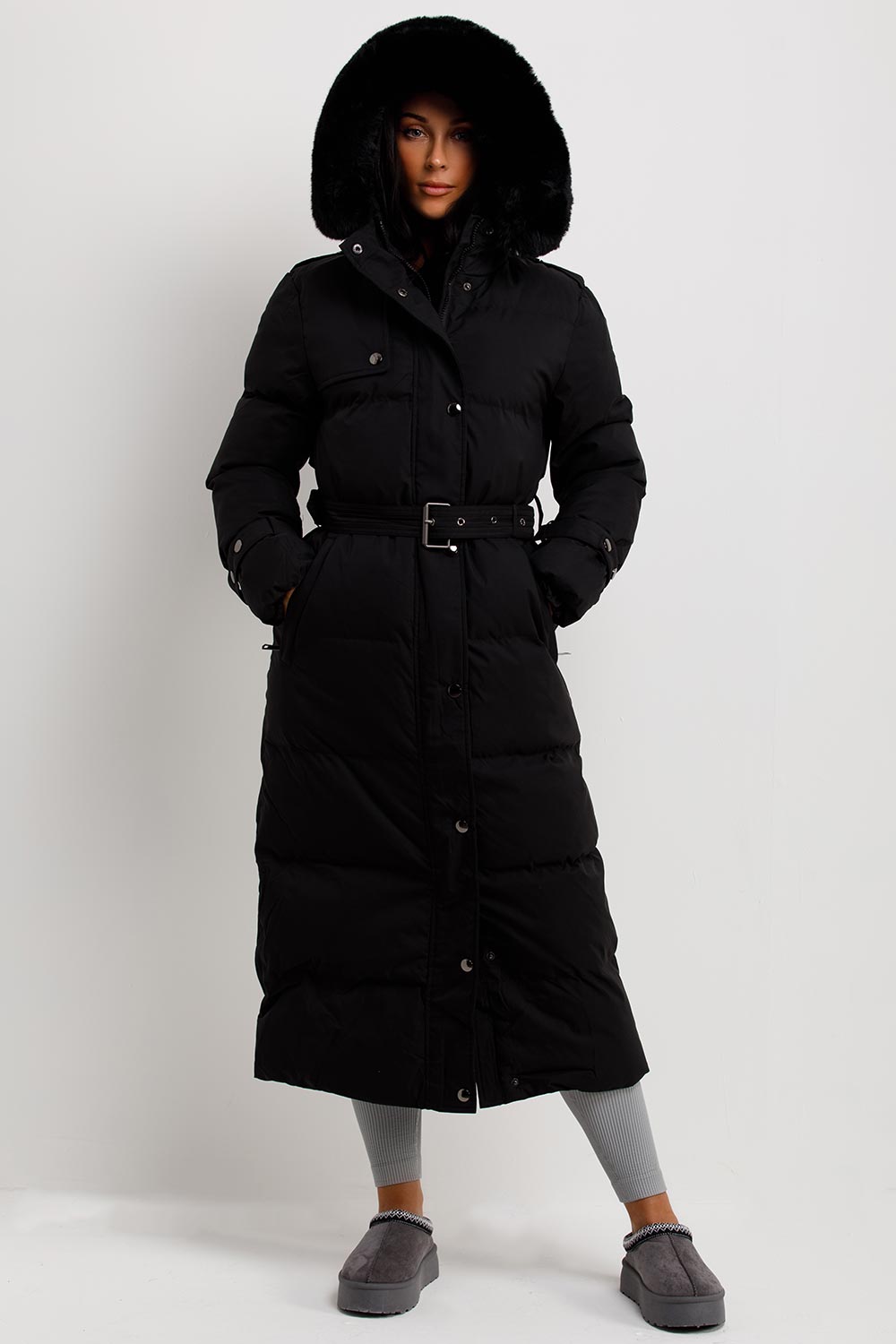 Long Puffer Trench Coat With Belt And Faux Fur Hood Black