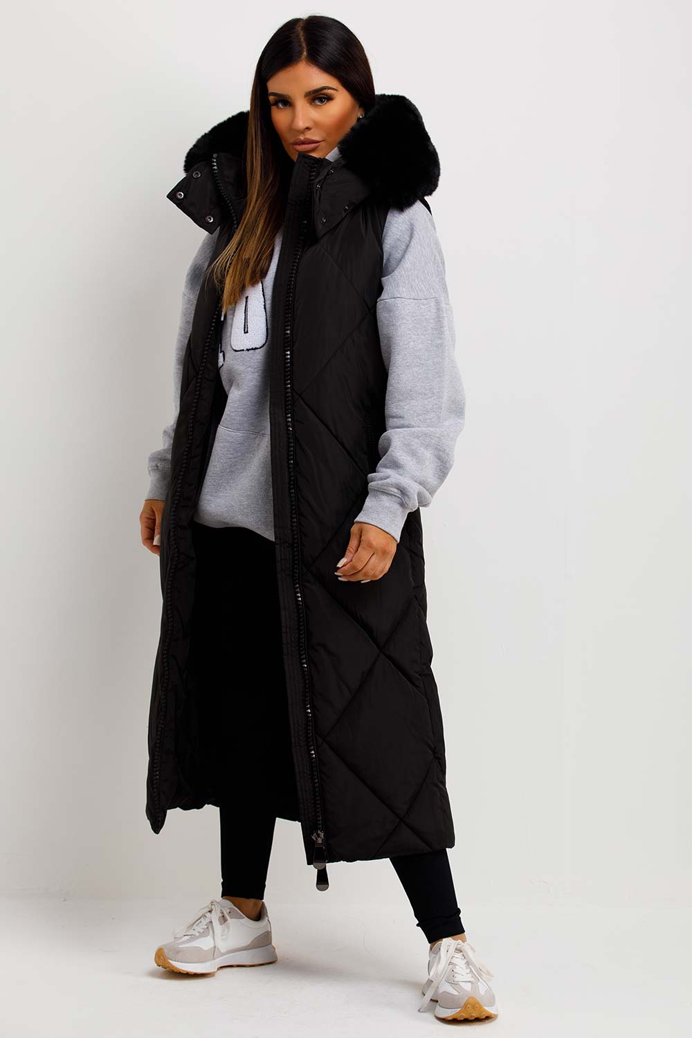 Black Long Puffer Gilet With Fur Hood