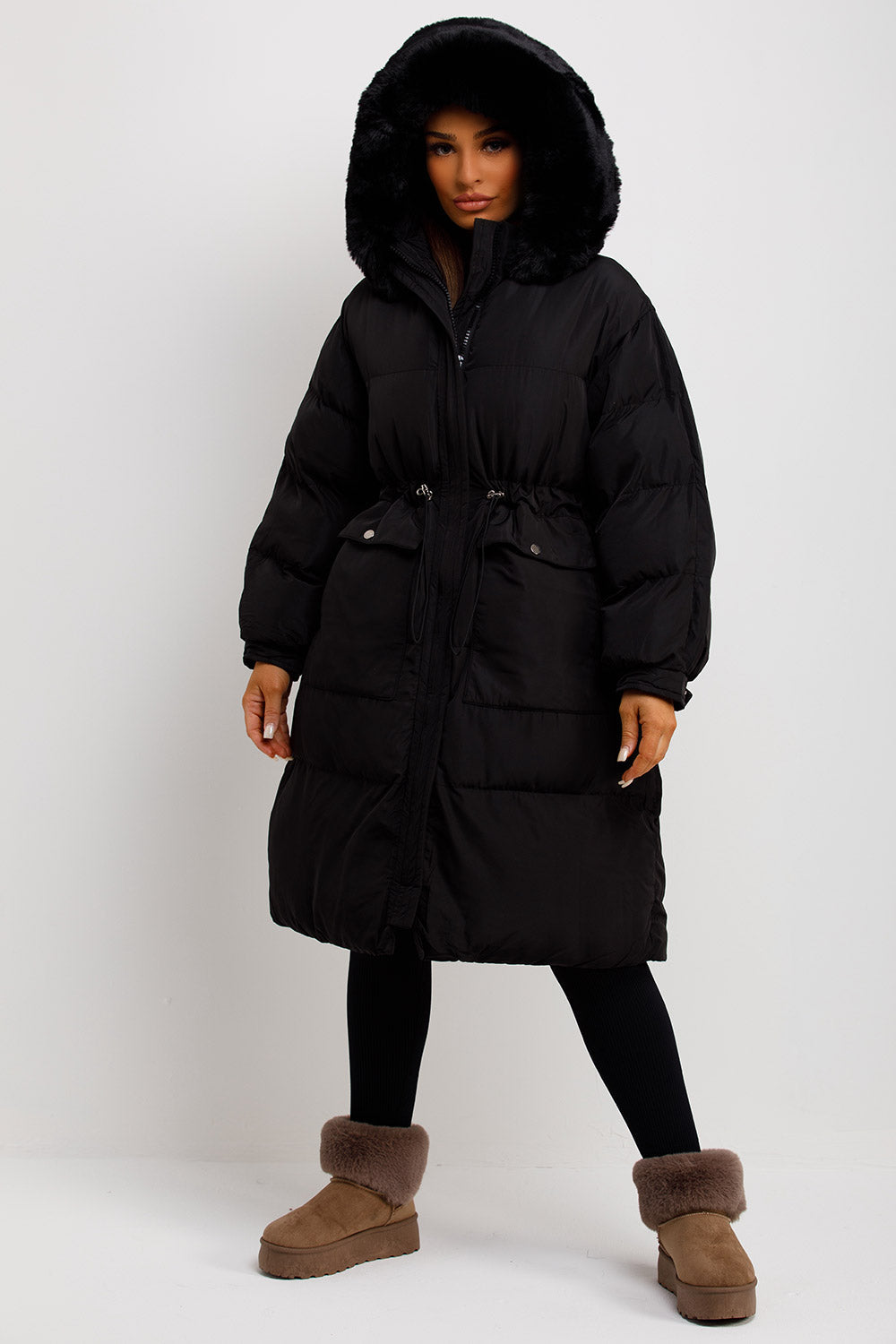 Long Black Puffer Coat With Faux Fur Hood And Drawstring Waist