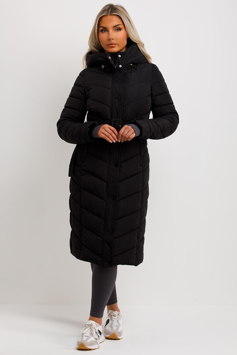 Long Padded Puffer Coat With Belt Black