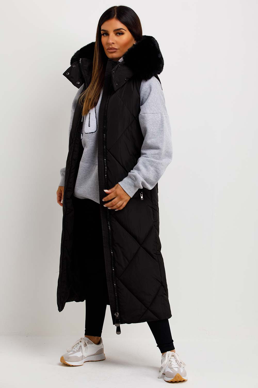 Black Long Puffer Gilet With Fur Hood